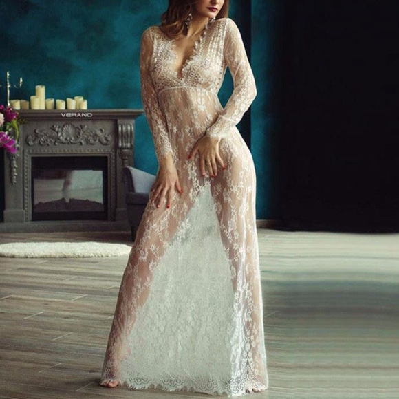 New Boho All Lace White Deep V Long Lingerie Dress - Picture 2 of 16